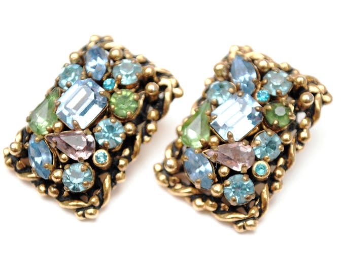 Rhinestone Earrings - Signed Barclay - Multi color - Blue Purple and green - gold rectangle - Jewel of the India - clip on earrings