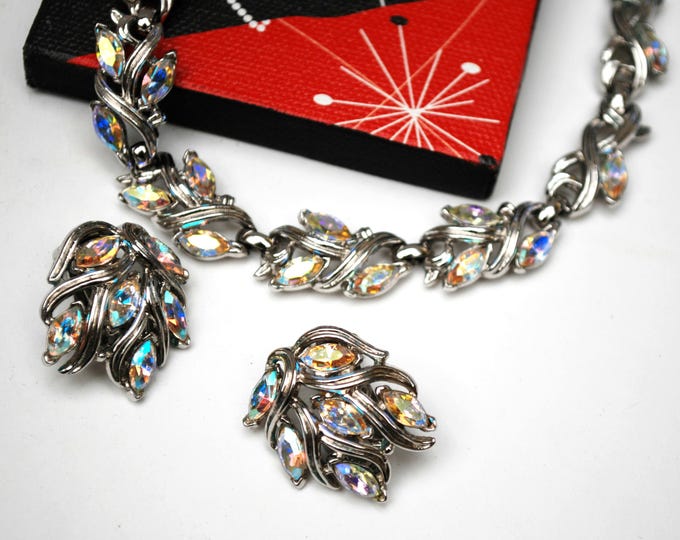 Trifari Rhinestone Necklace and Earrings set - Aurora Borealis -Silver - Mid Century