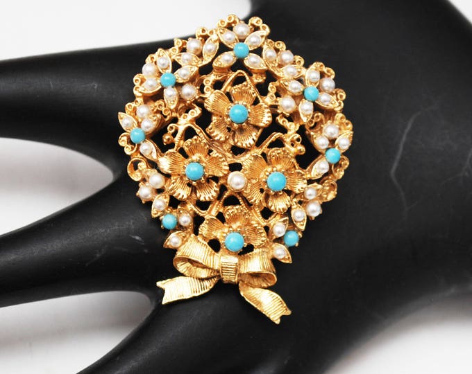 Florenza Pearl Turquoise flower Brooch - blue white - Gold floral - bouquet Pin