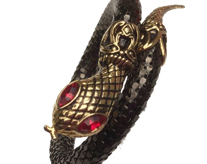 Snake Bracelet - Black mesh - Gold serpent head- Red rhinestone eyes - wrap bangle