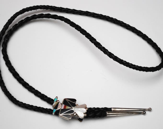 Thunderbird Bolo Tie - Gemstone inlay- Turquoise Onyx Coral Mother of Pearl - Leather - Sterling - SouthWestern - Zuni Tribal