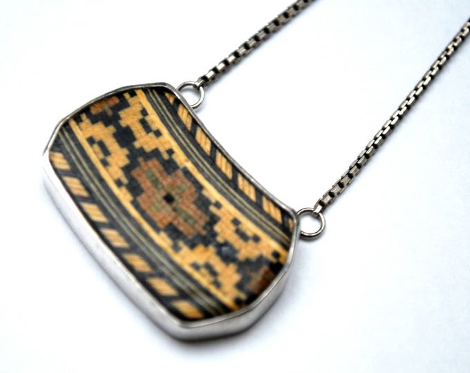 Mosaic inlay Pendant - sterling necklace - wood - brown black - tribal - south western - Italy box chain
