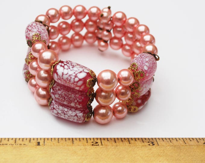 Pink Bead Cuff Bracelet - melatic pink - artglass beads - wire - bangle