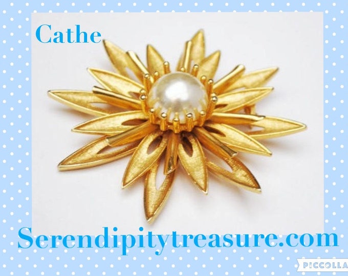 Cathe Flower Brooch - Gold and Pearl - Large Floral signed pin