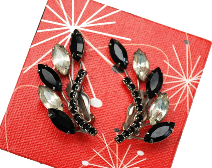 Rhinestone Climbing earrings - Black and Clear crystal - Floral - Mid century large clip on earrings Wedding Bride