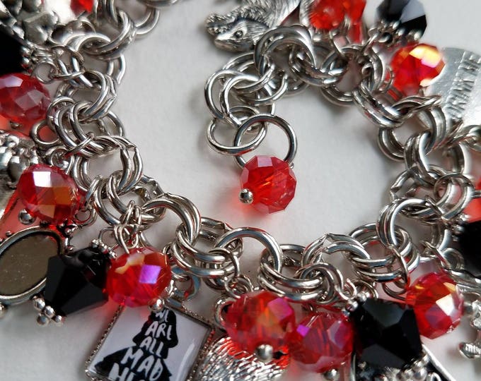Alice in Wonderland Message Quote Charm Bracelet All Mad Here rabbit Red Black Crystals Drink Me Charm #2M-122