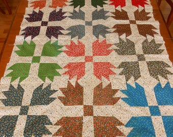Vintage Quilt Top Unfinished Calico Bear Paw Design 38" x 50.5" Green Blue Red Prints, Retro Bed Linens Damage DIY Upcycle Crafts