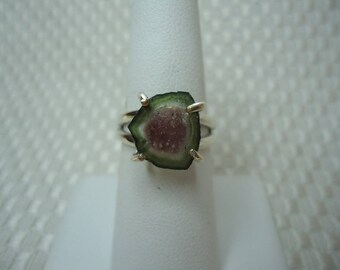 Watermelon Tourmaline Slice Ring in Sterling Silver #2063