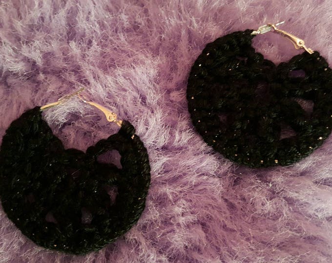 Sample Sale! Black Sparkle Crochet 2 Inch Hoop Earrings