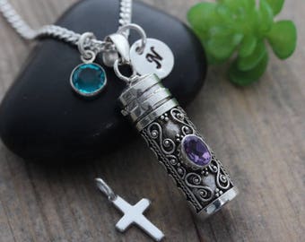 Sterling silver Prayer box necklace, Ashes necklace, Perfume Oil Bottle, Pill Box Amethyst Stone. CHOOSE Chain Initial, birthstone,Rf-685Amt