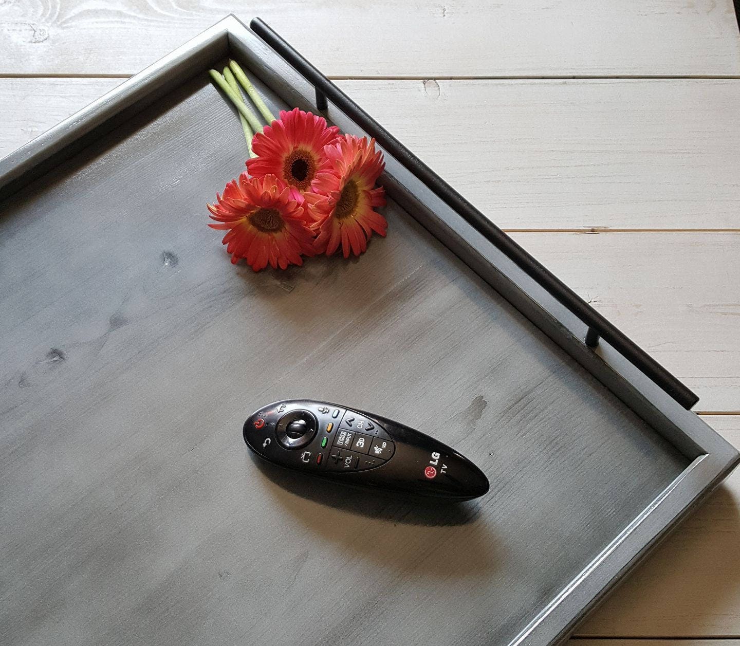 XL Rustic Serving Tray Black Metal Handles Large Wood