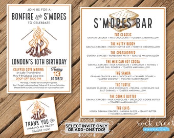 Bonfire Birthday Invitation, Bonfire & S'mores Party, Bonfire Tags, S'mores Tags, S'mores Bar Menu, S'mores, Birthday Party Printables