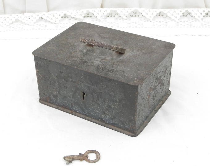 Antique Heavy Metal Cash Box / Coffer with Working Lock and Key, French Money Safe, Jewelry / Trinket Chest Casket Box