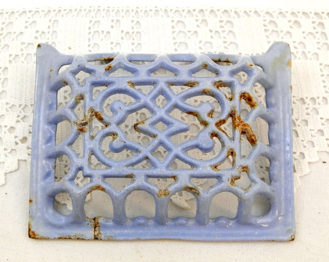 Small Antique Cast Iron Enameled Sky Blue Wall Hanging Soap Holder, French Blue Chippy Enamel Mural Soap Bar Dish, Enamelware Retro Bathroom