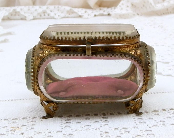 Small Antique French Beveled Glass Jewelry Box with Gilt Metal and Padded Velvet Lining, Napoleon III / 3 Thick Glass Trinket Box