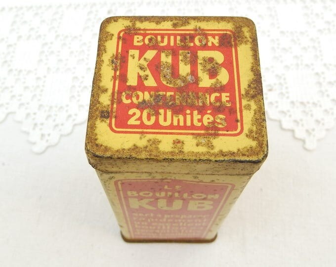 Small Vintage French Metal Tin For Gravy Cubes Bouillon Kub Red Graphics on Yellow, Kitchen Decor From France, Collectible Thin Metal Box Small Vintage French Metal Tin For Gravy Cubes Bouillon Kub Red Graphics on Yellow, Kitchen Decor From France, Collectible Thin Metal Box