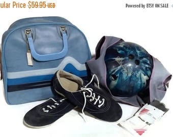 Vintage Bowling Ball Bag, Galaxie 300 ebonite bowling ball, blue Retro Luggage, Carry On, blue suede bowling shoes, 1970s, 1980s