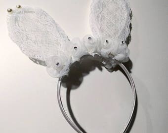 White Rabbit Ear Headband - Bunny Ear Headband - Floral and Lace Bunny Ears