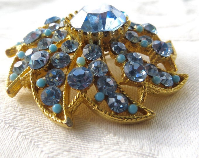 Vintage BSK Rhinestone Brooch, Seed Turquoise Accents, Atomic Pin, Baby Blue, Designer Signed