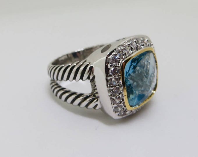 Cushion Cut Blue Topaz Ring, Silver & Gold Plate, Crystal Stones, Designer Inspired Statement Jewelry, Vintage, Size 9