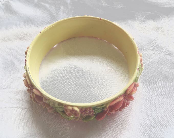 Painted Celluloid Bracelet, Hand Painted Celluloid Bangle, 1960s, Carved Celluloid Floral Bracelet, Vintage Celluloid