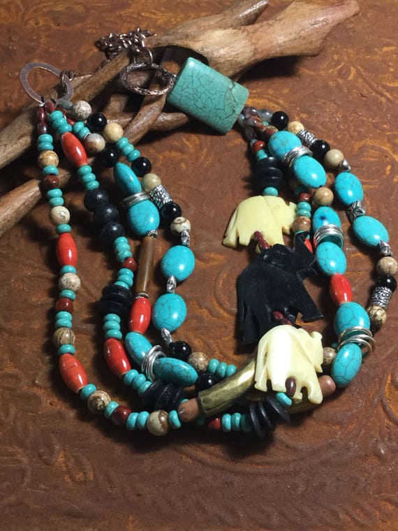 Chunky 4 stranded Turquoise Elephant Necklace