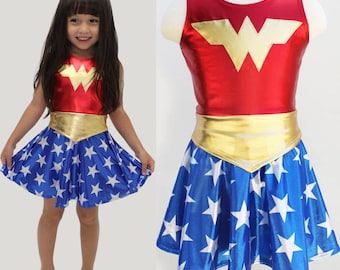 Girls wonder woman costume 4th of july blue and red gold metallic halloween