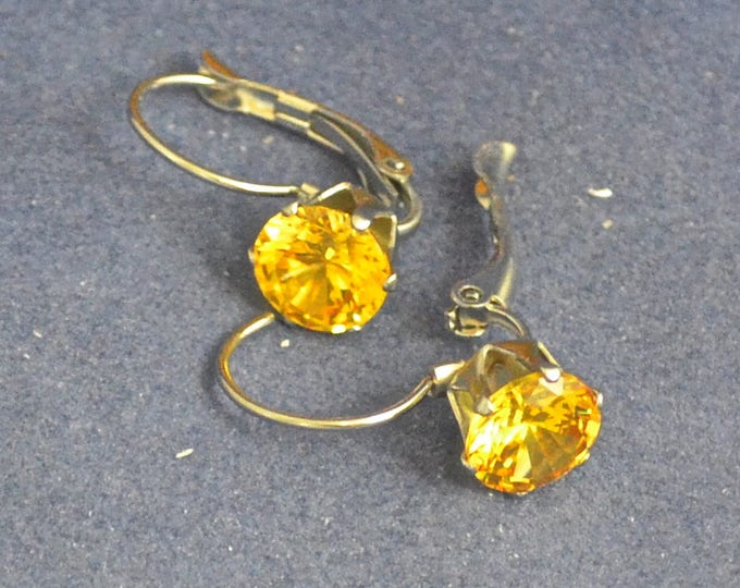 Yellow Zircon Leverback Earrings, 8mm Round, Natural, Set in Stainless Steel E1074