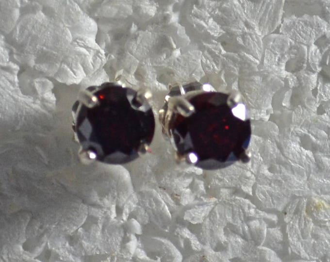 Red Zircon Studs, 6mm Round, Natural Set in Sterling Silver E1114