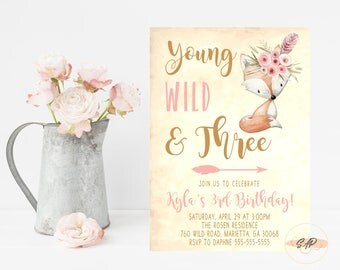 Young Wild and Three Invitations - Tribal Birthday Invitation - Tribal Woodland Birthday Invitation - Birthday Invitations for Girls - Arrow