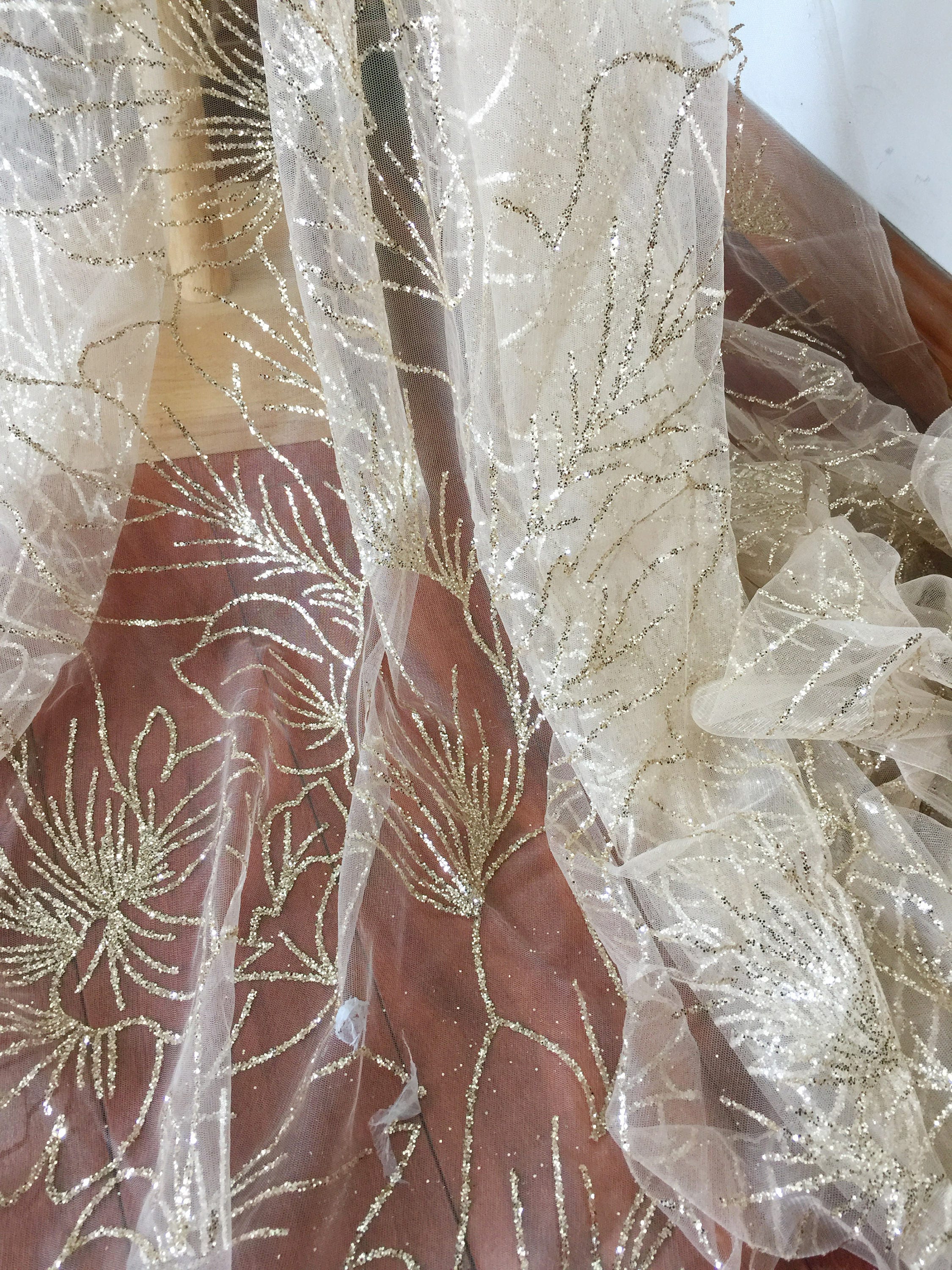 Rose gold floral embroidery glitter tulle lace fabric by yard