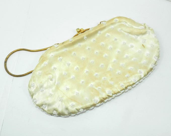 Vintage HONG KONG Ivory white formal evening purse, Fully Beaded and Sequined purse, Antique 1950s formal accessories, bridal ball prom