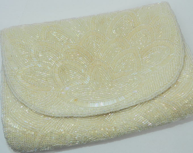 Vintage LA REGALE Beaded clutch, Ivory cream color Silk purse, Made in Hong Kong Ladies Evening Handbag Purse Gift for Her, bridal prom