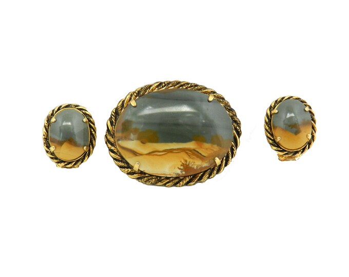 Vintage Agate Stone Brooch Earrings Set, Ladies Womens Stone 1960s Costume Jewelry, Oval Marbled Blue and Gray Stone Jewelry, Gift