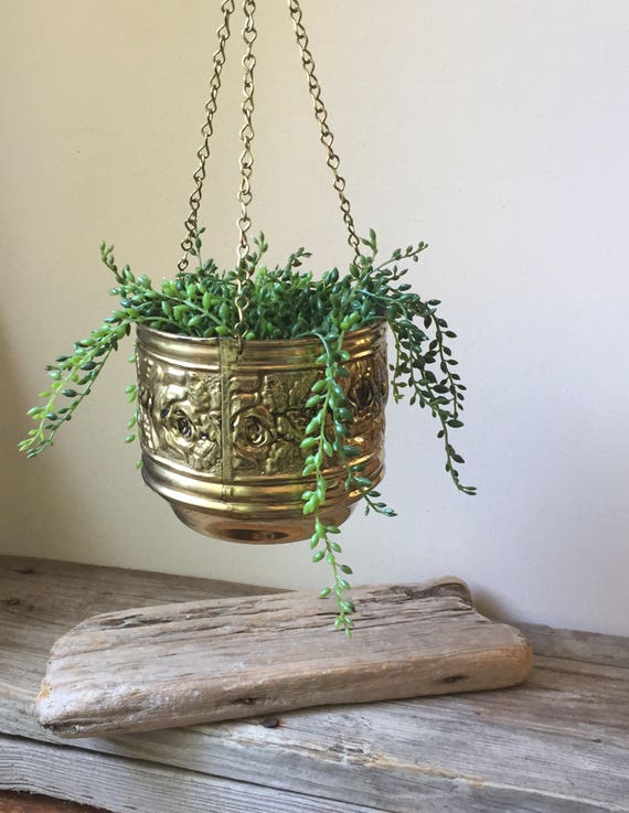 Vintage English Brass Hanging Planter Repousse Roses Brass 6736