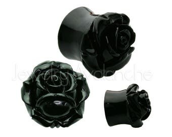 SALE 2-PAIRS Black Flower Rose Ear Plugs, Flared Shrub Rose Hard Resin Organic Ear Plugs Ear Tunnels, Black, Red, Pink, Turquoise BDJ0087