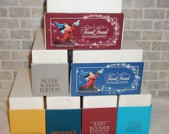 Group of 7 Different Trivial Pursuit Trivia Boxes, Great for Games or Practice, Walt Disney/Silver Screen/Baby Boomer