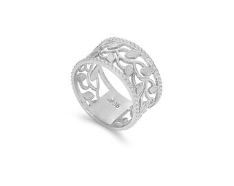 Sterling Silver leaf wide band. Silver leaf band. Leaf ring.