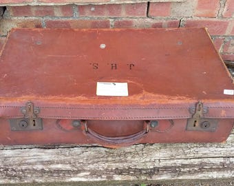 Vintage Leather Luggage Suitcase Storage J H S