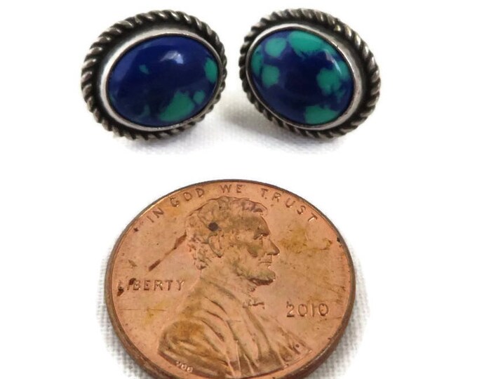 Sterling Silver Earrings, Azurite Pierced Earrings, Native American Sterling Silver Studs, Vintage Braided Pierced Earrings, Gift for Her Sterling Silver Earrings, Azurite Pierced Earrings, Native American Sterling Silver Studs, Vintage Braided Pierced Earrings, Gift for Her