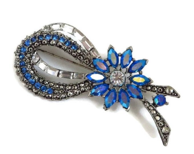 Blue Rhinestone Brooch, Bow Brooch, Signed Weiss AB Rhinestone Pin, Vintage Jewelry, Sapphire Blue Crystal Pin, Gift for Her