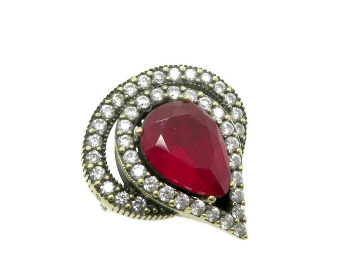 Vintage Faux Ruby Statement Ring | Two Tone Sterling Silver | Ruby Quartz, CZ Halo Cocktail Ring | Size 8