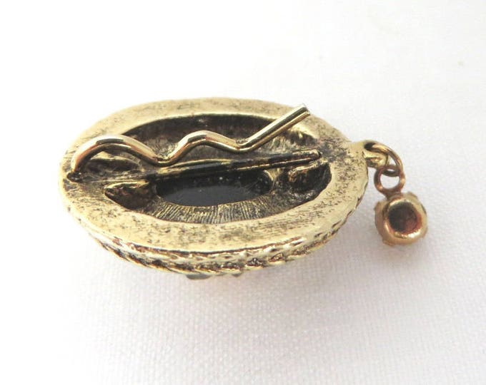 Rose Cameo Pin, Vintage Gold Tone, Black Lapel Pin, Buttonhole Brooch