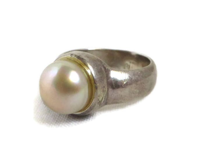 Vintage Pearl Ring, Sterling Silver Wide Band Antique Finish Estate Ring Size 6