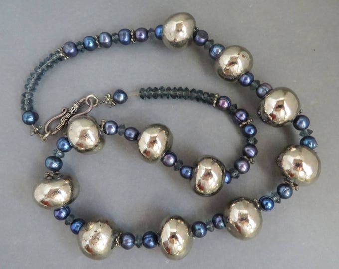 Silver Ball Necklace, Vintage Blue & Silver Bead Chunky Necklace, Boho Jewelry Gift idea