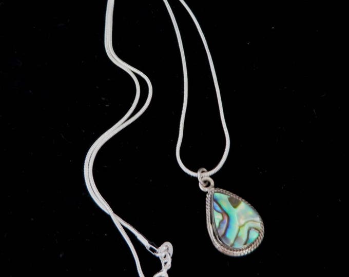 Sterling Silver Abalone Pendant, Vintage Teardrop Pendant Necklace