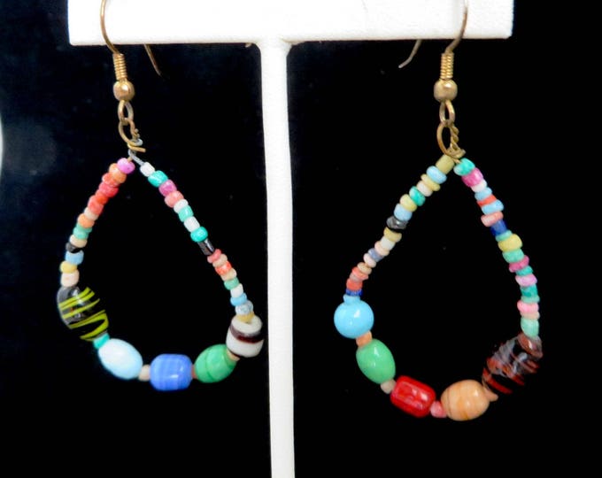 Dangling Bead Hoop Earrings, Vintage Boho Multicolor Pierced Earrings