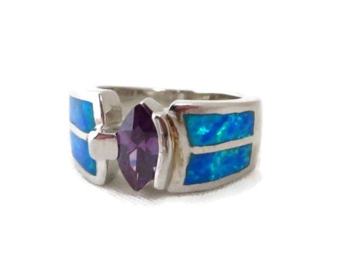 Vintage Amethyst and Opal Ring - Sterling Silver Wide Band Statement Ring, Size 6