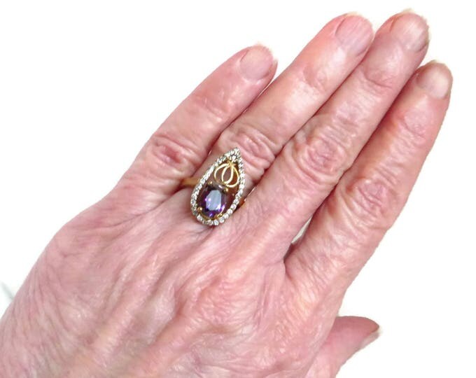 Amethyst Silver Ring, Vintage Faux Amethyst, Topaz Teardrop Cocktail Ring, Gift idea, Size 6