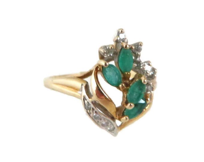 Emerald - 14K Gold Emerald & Diamond Ring, Vintage Estate Cocktail Ring, Size 5, FREE SHIPPING